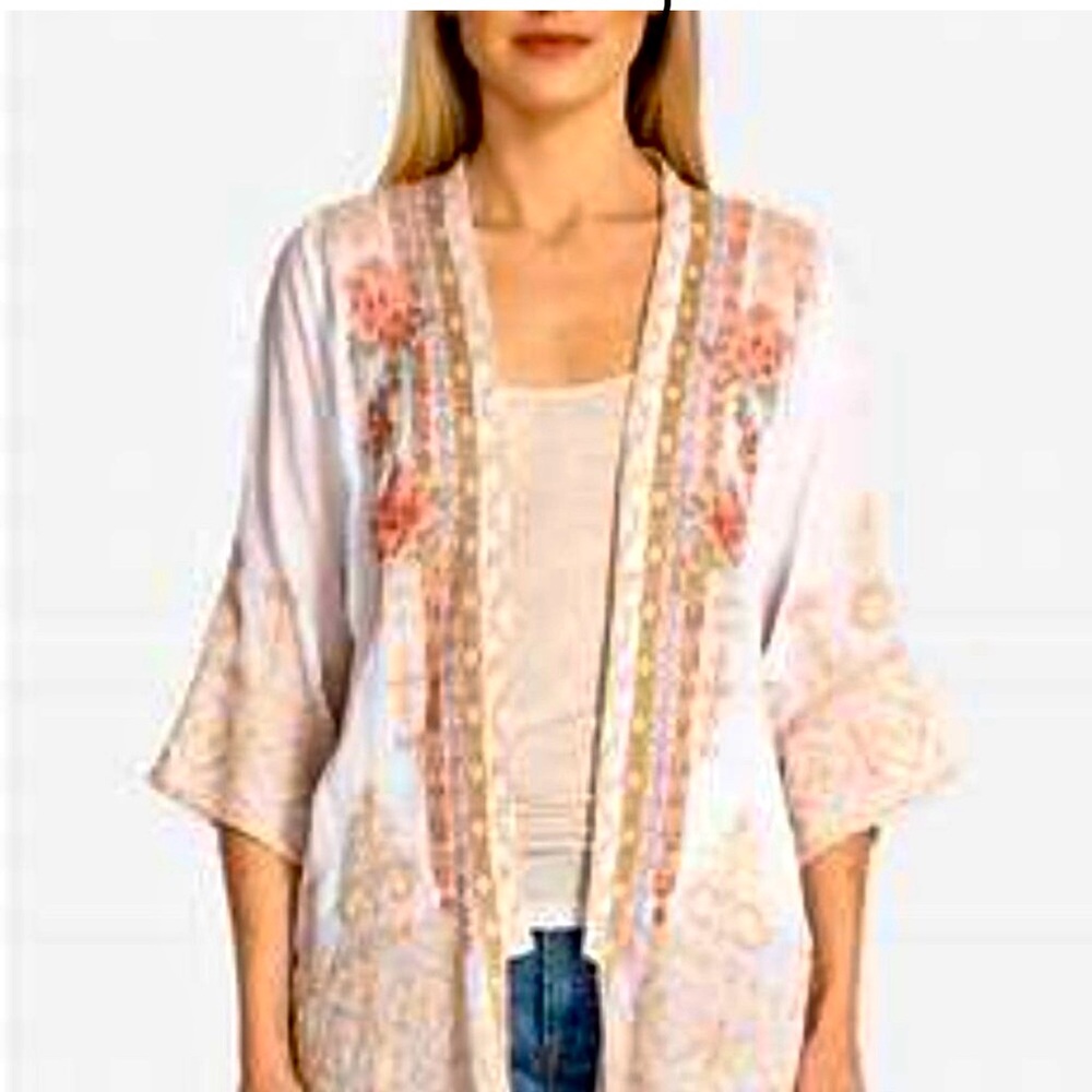 NWT Johnny Was Helena Embroidered Kimono Cool White & Floral Cupra M